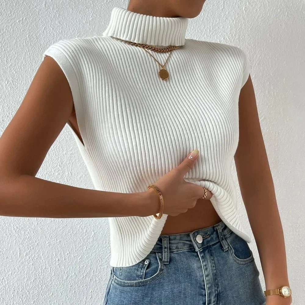 White Boho Womens Turtleneck Ribbed Knit Sweater Vest - Picture 1 of 5